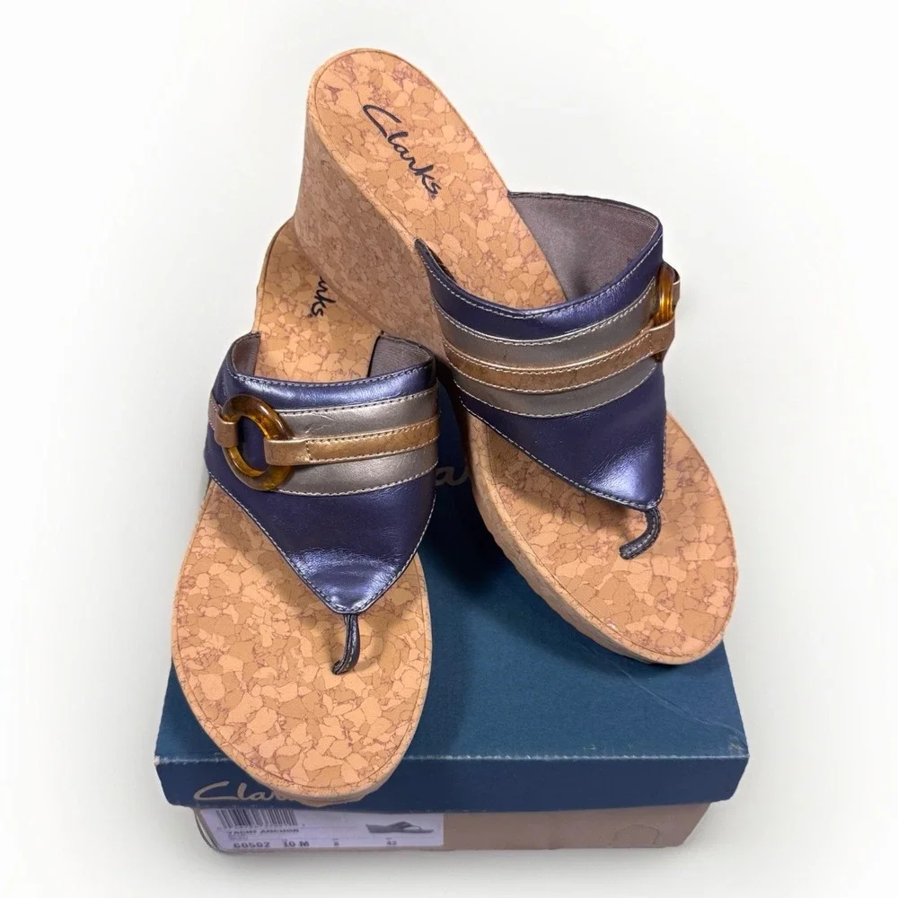 Clarks Women's Yacht Anchor Cork Wedge Flip Flop Sandals Size 10M Blue With‎ Box